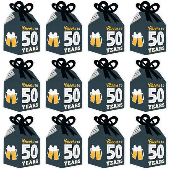 Big Dot of Happiness Cheers and Beers to 50 Years - Square Favor Gift Boxes - 50th Birthday Party Bow Boxes - Set of 12 {6}