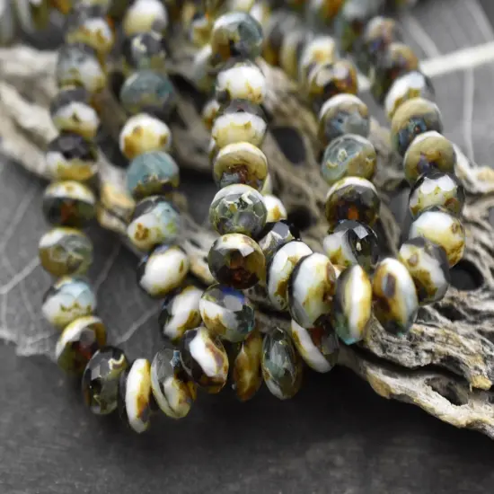 *25* 6x8mm Aqua Beige Topaz Picasso Blended Fire Polished Round Beads {4}