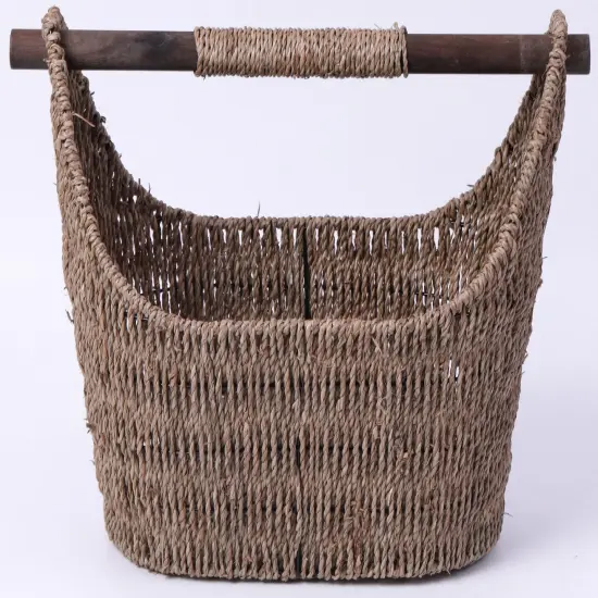 Seagrass Decorative Bathroom Basket &ndash; Handwoven Magazine Rack, Storage Organizer for Small Essentials, Washcloths and Toiletries, with Wooden Rod Toilet Paper Holder for Easy Dispensing {4}