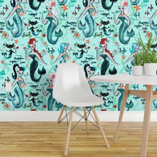 Peel & Stick Wallpaper 2FT Wide Midcentury Mod, Mermaids, Martini, Retro, Cocktail, Aqua, Cat, Starfish, Vintage, Kistch, Mod Custom Removable Wallpaper by Spoonflower {1}