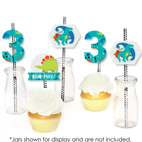 Big Dot of Happiness 3rd Birthday Roar Dinosaur - Paper Straw Decor - Three Rex Dino Third Birthday Party Striped Decorative Straws - Set of 24 {6}