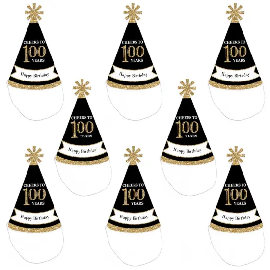 Big Dot of Happiness Adult 100th Birthday - Gold - Cone Birthday Party Hats for Adults - Set of 8 (Standard Size) {7}