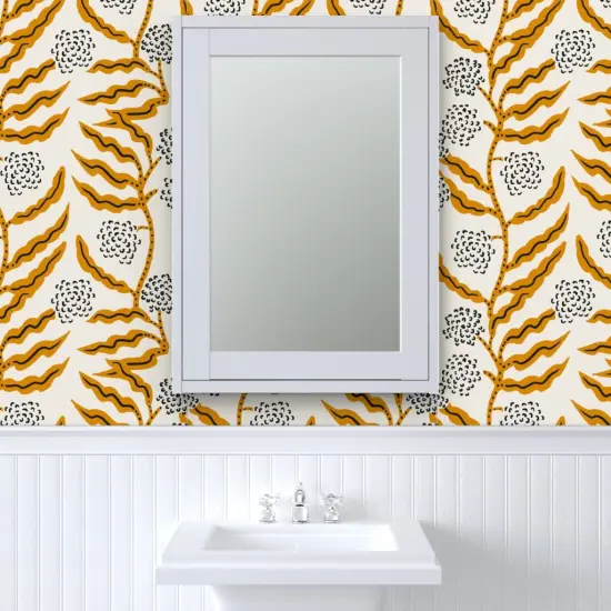 Peel & Stick Wallpaper 2FT Wide Boho Gold Floral Modern Botanical Mustard Garden Vine Abstract Custom Removable Wallpaper by Spoonflower {6}