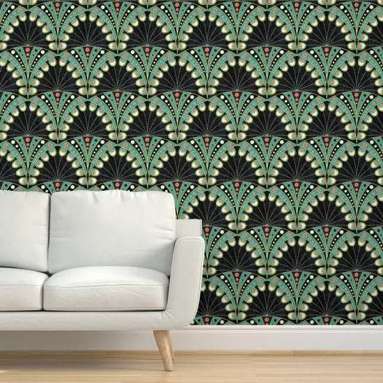 Peel & Stick Wallpaper 2FT Wide Art Deco Feather Nouveau Geometric Large Scale Boheme Symmetric Black And Teal Custom Removable Wallpaper by Spoonflower {5}