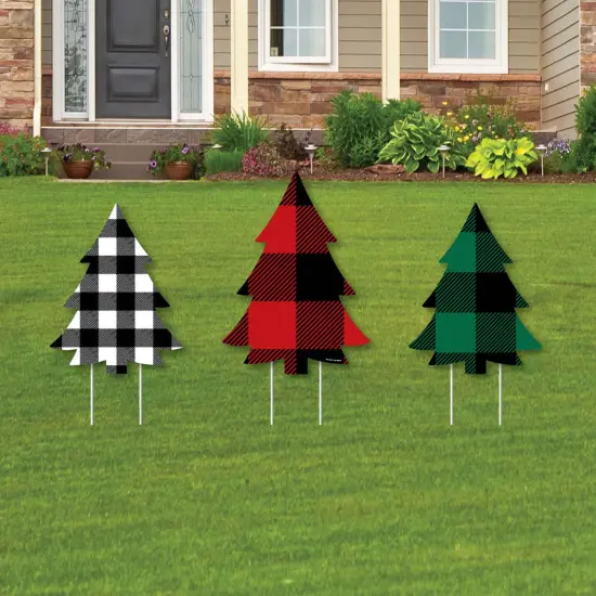 Big Dot of Happiness Holiday Plaid Trees - Outdoor Lawn Sign Decorations with Stakes - Buffalo Plaid Christmas Party Yard Display - 3 Pieces {1}