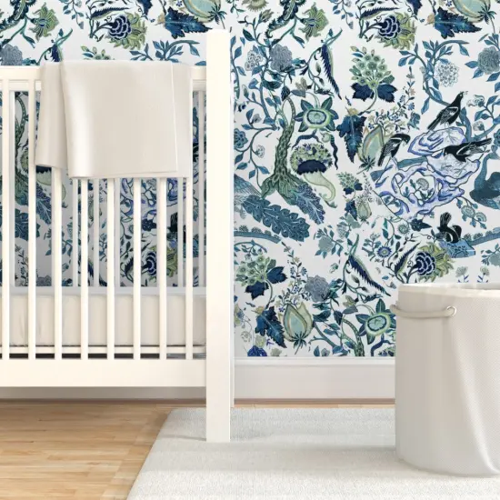 Pre-Pasted Wallpaper 2FT Wide Green Blue Chinoiserie Floral Chinese Inspired Classic Custom Pre-pasted Wallpaper by Spoonflower {7}