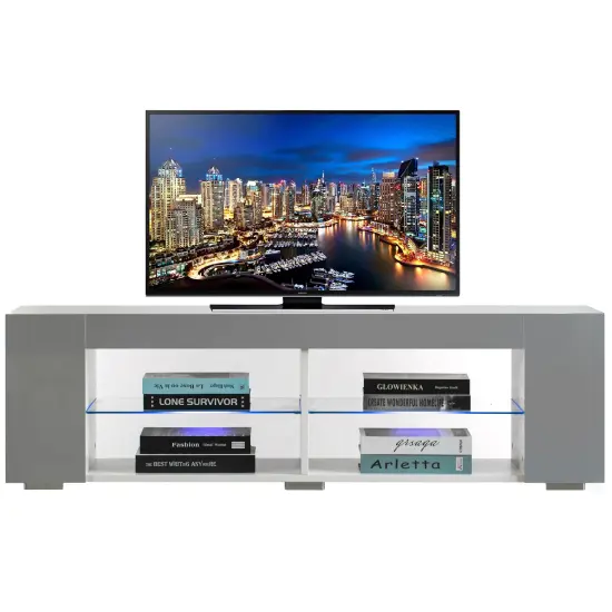 White Entertainment TV Stand with LED Lights and Glass Shelves with UV Frame {1}