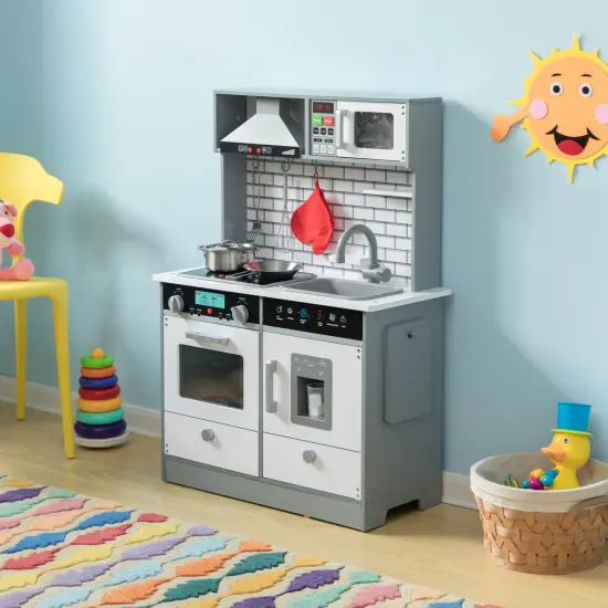 Wooden Play Kitchen Toy, Light on Microwave, Cabinet, Sound Electronic Stove, Microwave and Sink Ages 3+ {2}