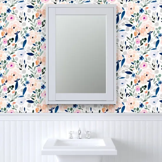 Pre-Pasted Wallpaper 2FT Wide Pastel Floral Watercolor Garden Flowers Bohemian Girly Botanical Custom Pre-pasted Wallpaper by Spoonflower {6}