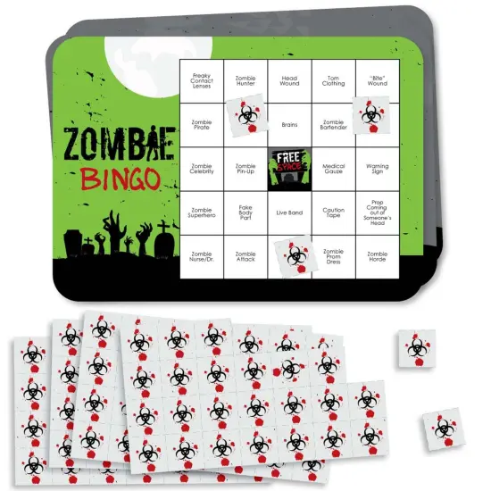 Big Dot of Happiness Zombie Zone - Bar Bingo Cards and Markers - Halloween or Birthday Zombie Crawl Party Bingo Game - Set of 18 {1}