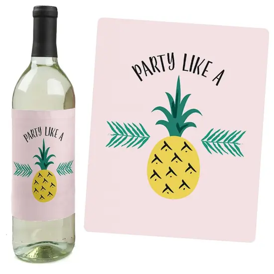 Big Dot of Happiness Pink Flamingo - Party Like a Pineapple - Tropical Summer Party Decor for Women and Men - Wine Bottle Label Stickers - Set of 4 {7}