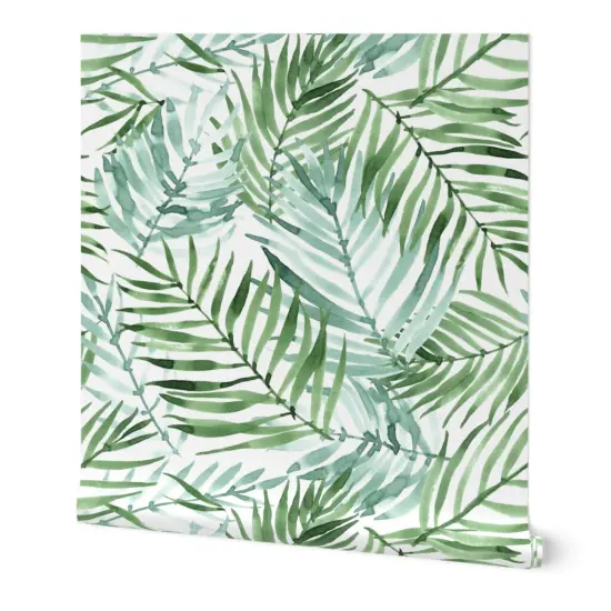 Peel & Stick Wallpaper 2FT Wide Watercolor Tropical Palm Leaf Green Jungle Exotic Plant Custom Removable Wallpaper by Spoonflower {7}