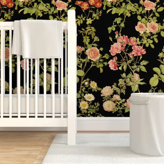 Pre-Pasted Wallpaper 2FT Wide Moody Floral Rose Flower Vintage Victorian Black English Dark Custom Pre-pasted Wallpaper by Spoonflower {3}