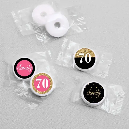 Big Dot of Happiness Chic 70th Birthday - Pink, Black and Gold - Round Candy Sticker Favors - Labels Fits Chocolate Candy (1 sheet of 108) {4}