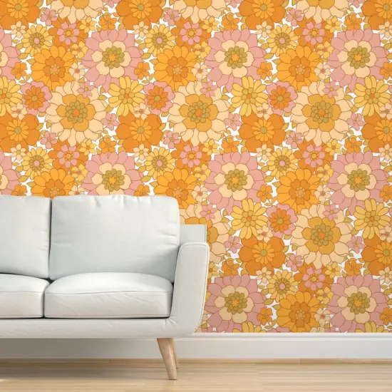 Pre-Pasted Wallpaper 2FT Wide Retro Floral Sunny Maximalist Blush Pink Mustard Gold Marigold 1960S Custom Pre-pasted Wallpaper by Spoonflower {5}