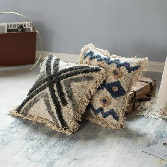 16" Handwoven Cotton & Silk Throw Fringed Pillow Cover Embossed Zig Zag & Crossed Lines Design {10}