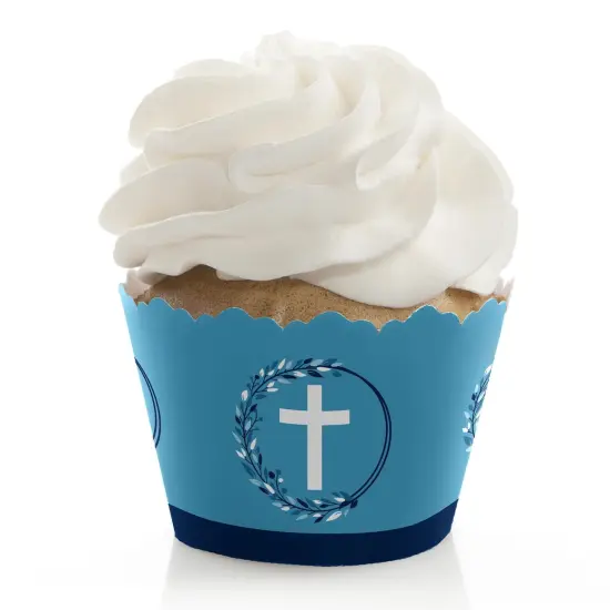 Big Dot of Happiness Blue Elegant Cross - Boy Religious Party Decorations - Party Cupcake Wrappers - Set of 12 {1}