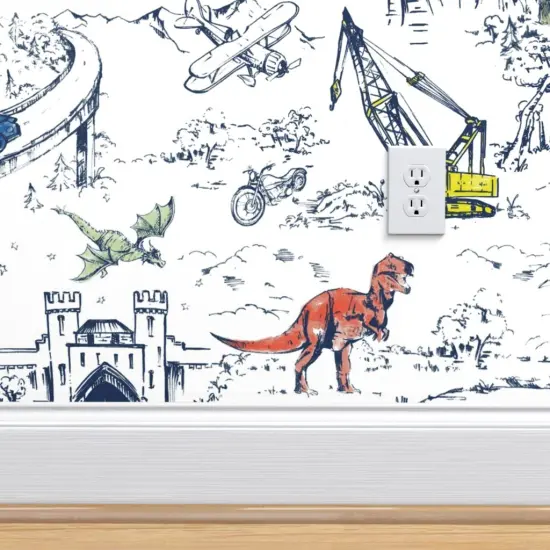 Pre-Pasted Wallpaper 2FT Wide Whimsical Blue White Dinosaur Shark Helicopter Car Space Travel Custom Pre-pasted Wallpaper by Spoonflower {4}