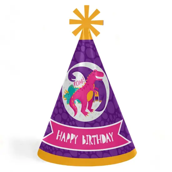 Big Dot of Happiness Roar Dinosaur Girl - Cone Happy Birthday Party Hats for Kids and Adults - Set of 8 (Standard Size) {1}
