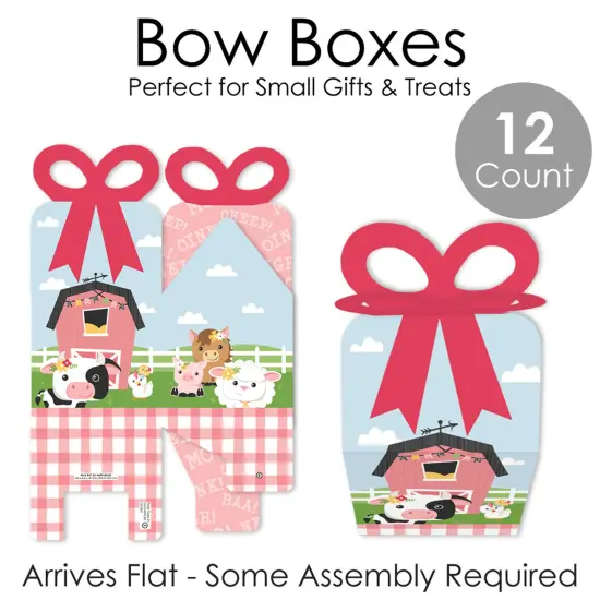Big Dot of Happiness Girl Farm Animals - Square Favor Gift Boxes - Pink Barnyard Baby Shower or Birthday Party Bow Boxes - Set of 12 {7}