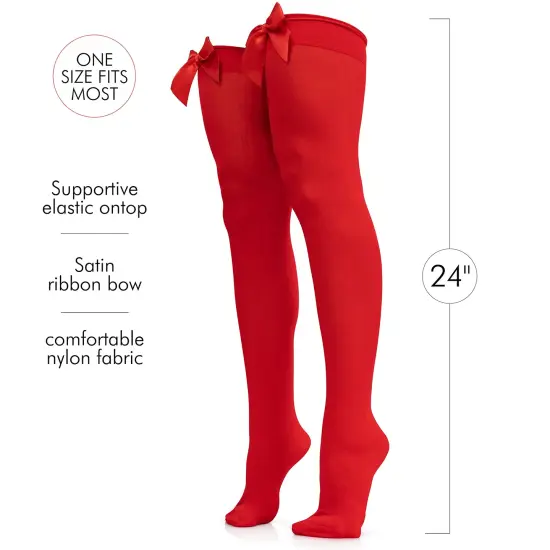 Bow Accent Thigh Highs - Red Over The Knee High Stockings with Red Satin Ribbon Bow Accent for Women and Girls {6}