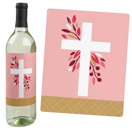 Big Dot of Happiness First Communion Pink Elegant Cross - Girl Religious Party Decorations for Women and Men - Wine Bottle Label Stickers - Set of 4 {6}