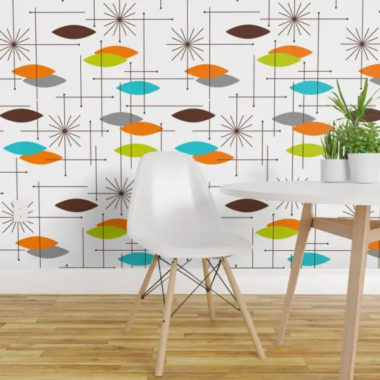 Peel & Stick Wallpaper 2FT Wide Mid Century Modern, Orbs, Large Scale, Starburst, Atomic, Mcm, Retro, Space Age, Brown, Burnt Orange, Blue, Lime Green Custom Removable Wallpaper by Spoonflower {1}