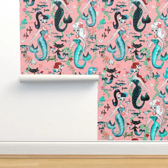 Peel & Stick Wallpaper 2FT Wide Martini Mermaids Coral Vintage Mermaid Retro Nautical Mid Century Ocean Princess Custom Removable Wallpaper by Spoonflower {2}