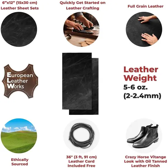 ELW 5-6 oz (2-2.4mm) Full Grain Leather Craft Sets of 2-4 Pieces in Sizes from 6" to 24"with Cord Braiding String 36" included, Oil Tanned Real Cowhide for Tooling, Carving, Craft, Repair, Knife Sheaths {4}