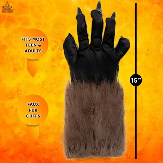 Werewolf Hand Costume Gloves - Brown Hairy Wolf Claw Hands Paws Monster Costume Accessories for Kids and Adults {5}