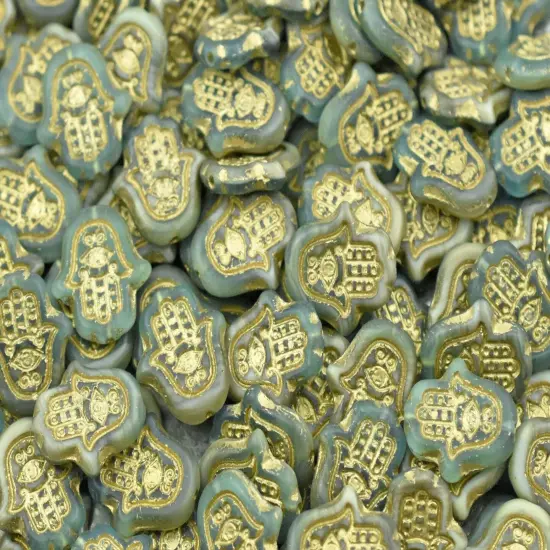 *10* 15x14mm Golden Bronze Washed Matte Beige Aqua Hamsa Hand Beads {5}