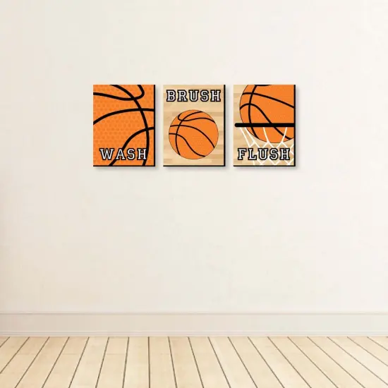 Big Dot of Happiness Nothin' but Net - Basketball - Kids Bathroom Rules Wall Art - 7.5 x 10 inches - Set of 3 Signs - Wash, Brush, Flush {4}