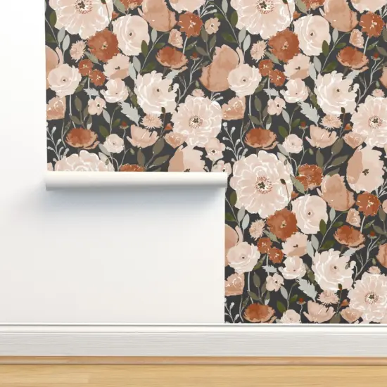 Pre-Pasted Wallpaper 2FT Wide Flower Black Floral Summer Large Watercolor Florals Garden Jumbo Custom Pre-pasted Wallpaper by Spoonflower {2}