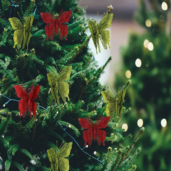 Butterfly Ornament Clips, Shatterproof Christmas Tree Ornaments Green And Red, Butterfly Decoration For Home, Party, Wedding, Or Holiday Dcor (Red, Green) {3}