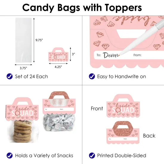 Big Dot of Happiness Bride Squad DIY Rose Gold Bridal Shower or Bachelorette Party Clear Goodie Favor Bag Labels Candy Bags with Toppers Set of 24 {4}