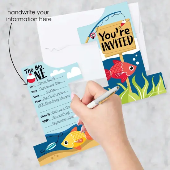 Big Dot of Happiness 1st Birthday Reeling in the Big One - Shaped Fill-In Invites - First Birthday Party Invitation Cards with Envelopes - Set of 12 {3}