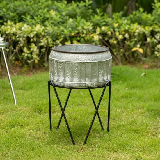 Silver Galvanized Metal Ice Bucket Beverage Cooler Tub with Stand {5}