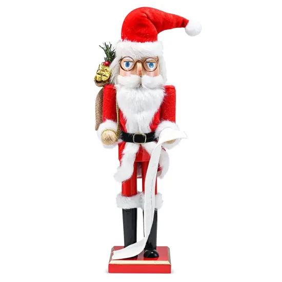 Ornativity Christmas Gift Santa Nutcracker &ndash; Red and White Wooden Nutcracker Santa Man in Traditional Santa Attire with a Bag of Gold Wrapped Gifts Over His Shoulder and a List of Names in Hand {1}