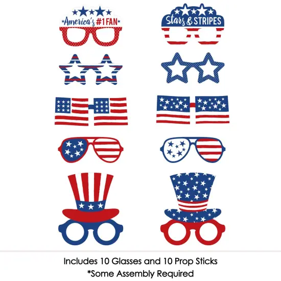 Big Dot of Happiness Stars & Stripes Glasses - Paper Card Stock Patriotic Party Photo Booth Props Kit - 10 Count {4}