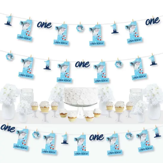 Big Dot of Happiness 1st Birthday Shark Zone - Jawsome Shark First Birthday Party DIY Decorations - Clothespin Garland Banner - 44 Pieces {1}