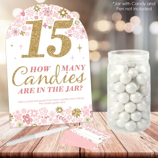 Big Dot of Happiness Mis Quince Anos - How Many Candies Quinceanera Sweet 15 Birthday Party Game - 1 Stand and 40 Cards - Candy Guessing Game {3}