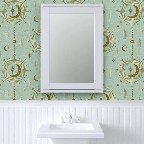 Peel & Stick Wallpaper 2FT Wide Sun And Moon Stars Retro Fifties Starburst Solar Good Luck Talisman Moroccan Lunar Hamsa Fortune Telling Custom Removable Wallpaper by Spoonflower {6}