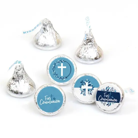 Big Dot of Happiness First Communion Blue Elegant Cross - Boy Religious Party Round Candy Sticker Favors - Labels Fits Chocolate Candy 1 sheet of 108 {1}