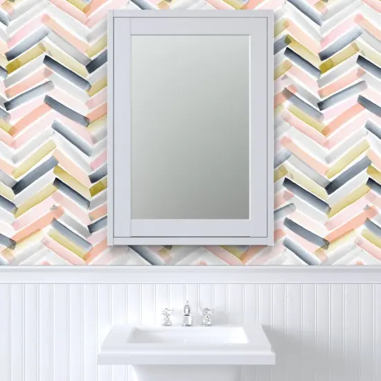 Pre-Pasted Wallpaper 2FT Wide Chevron Blush Navy Pink Stripe Gray Mustard Modern Watercolor Herringbone Geometric Custom Pre-pasted Wallpaper by Spoonflower {6}