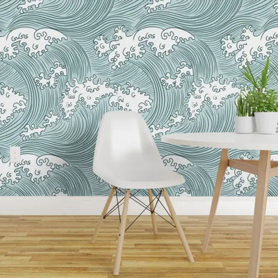 Pre-Pasted Wallpaper 2FT Wide Rolling Waves Vintage Asian Chinese Japan Japanese Water Line Summer Doodle Home Decor Sea Ocean Wave Custom Pre-pasted Wallpaper by Spoonflower {1}