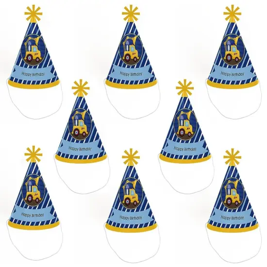 Big Dot of Happiness Construction Truck - Cone Happy Birthday Party Hats for Kids and Adults - Set of 8 (Standard Size) {7}