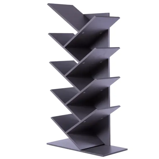 Wooden 9-Shelf Tree Magazine CD Storage Bookcase Gray {1}