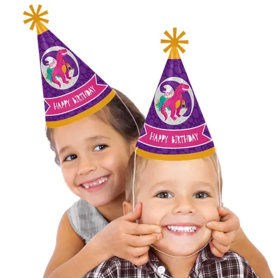 Big Dot of Happiness Roar Dinosaur Girl - Cone Happy Birthday Party Hats for Kids and Adults - Set of 8 (Standard Size) {3}
