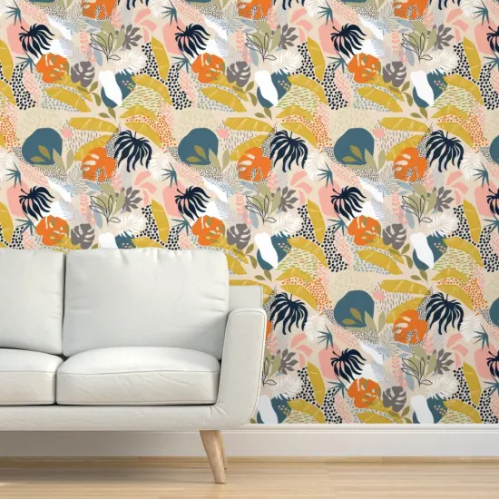 Peel & Stick Wallpaper 2FT Wide Abstract Jungle Retro Boho Bohemian Palm Leaves Tropical Monstera Custom Removable Wallpaper by Spoonflower {5}