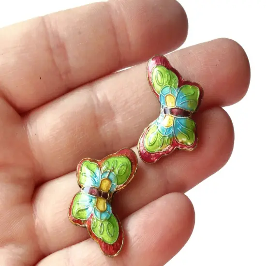 2 23mm Pink and Green Cloisonne Butterfly Beads Handmade Metal and Enamel Beads Moth Beads {4}